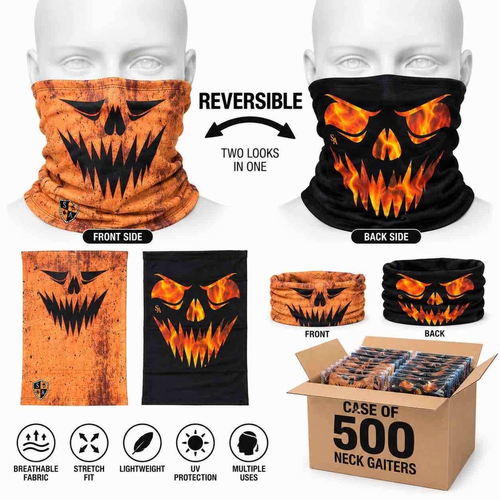 100 pack Jack-o'-lantern SA Company Halloween REVERSIBLE Neck Gaiter Spooky